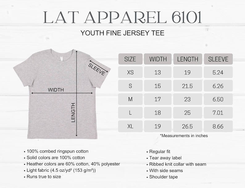 May include: A light gray Youth Fine Jersey Tee with a size chart showing measurements in inches. The shirt is made of 100% combed ringspun cotton and has a regular fit. The chart shows sizes XS to XL with width, length, and sleeve measurements.