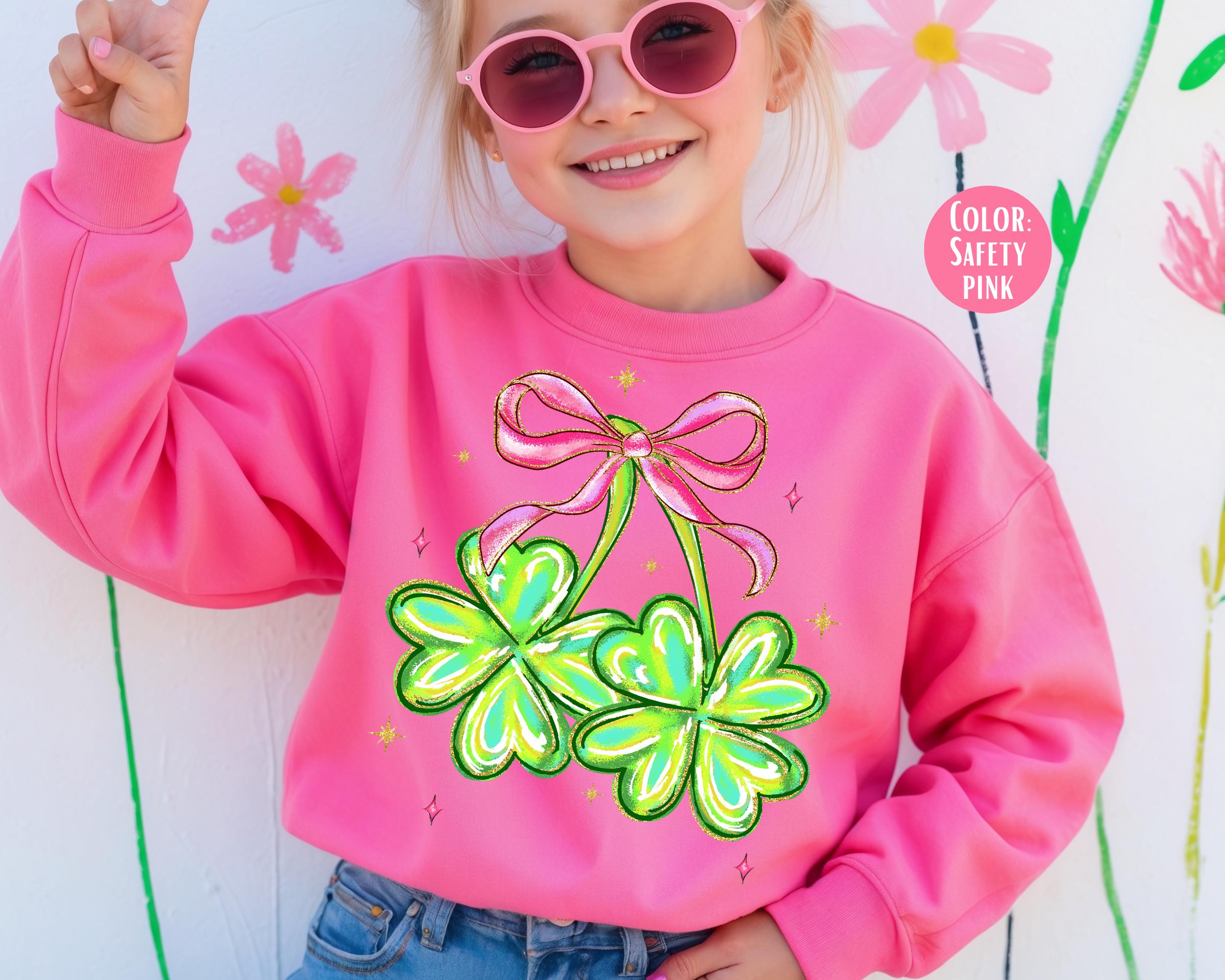 Girls Coquette Four Leaf Clover Sweatshirt, St Patricks Day Shamrock Sweatshirts
