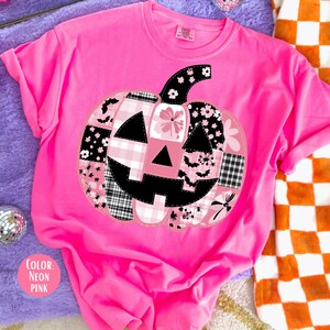Comfort Colors Pink Pumpkin Patchwork Shirt - Retro Halloween Tee