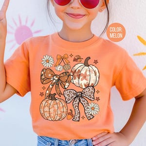 Peut inclure: T-shirt orange couleur melon avec un motif sur le th&egrave;me de l'automne. Le motif comprend des citrouilles, des n&oelig;uds, des fleurs et des feuilles dans des tons de marron, cr&egrave;me et orange.