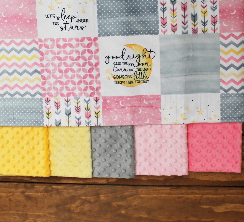 Lullaby Star Moon Monogram Minky Baby Girl Blanket Lovey,Personalized Baby Girl Blanket,Girl Baby Shower Gift,Pink Grey Monogram Minky Baby