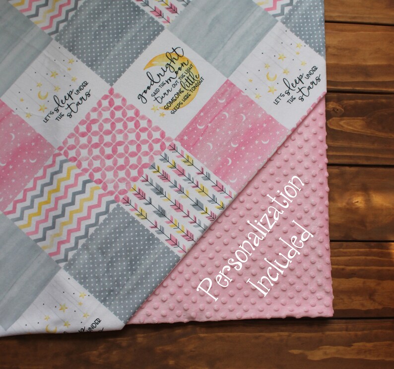 Lullaby Star Moon Monogram Minky Baby Girl Blanket Lovey,Personalized Baby Girl Blanket,Girl Baby Shower Gift,Pink Grey Monogram Minky Baby