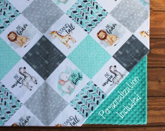 Teal Safari Animals Personalized Minky Baby Blanket Lovey,Zoo Animals Teal Grey Monogram Baby Blanket,Teal Green Safari Animal Baby Blanket