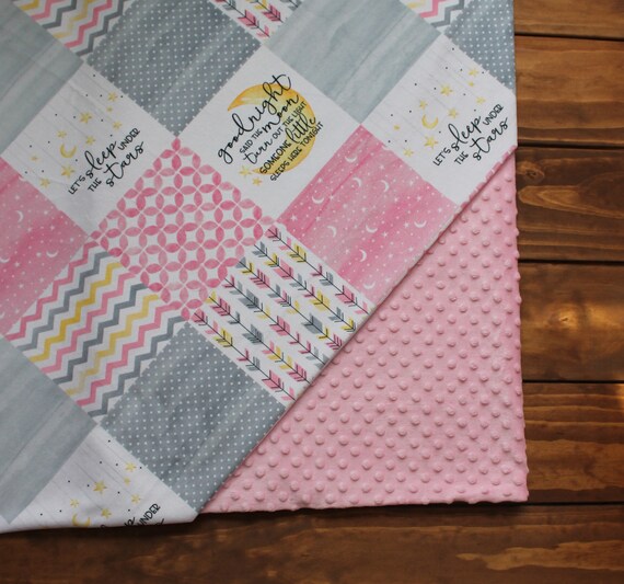 Lullaby Star Moon Monogram Minky Baby Girl Blanket Lovey,Personalized Baby Girl Blanket,Girl Baby Shower Gift,Pink Grey Monogram Minky Baby