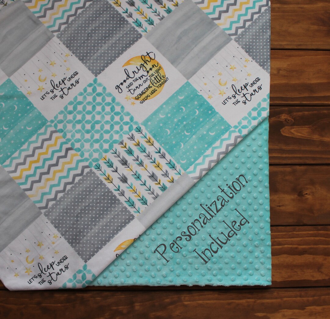 Lullaby Star Moon Monogram Minky Baby Blanket Lovey,teal Grey Yellow ...