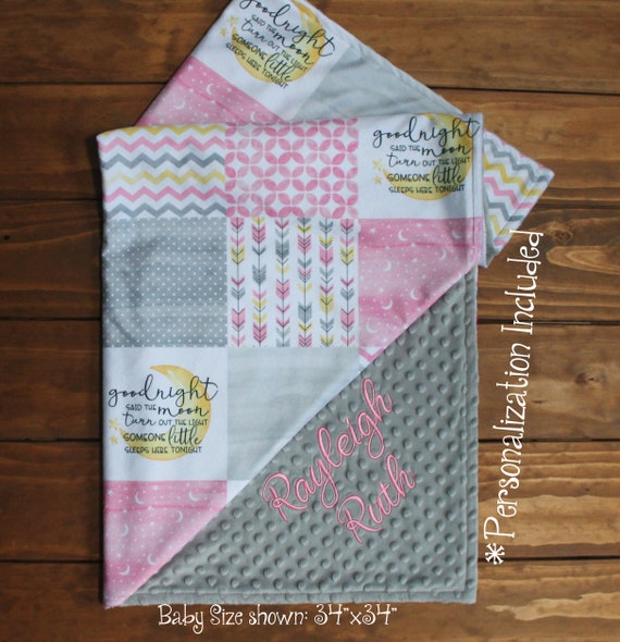 Lullaby Star Moon Monogram Minky Baby Girl Blanket Lovey,Personalized Baby Girl Blanket,Girl Baby Shower Gift,Pink Grey Monogram Minky Baby
