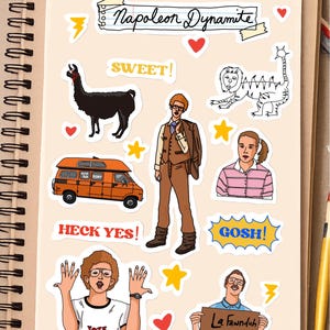 May include: A selection of vibrant stickers with characters and quotes from the film "Napoleon Dynamite." The designs include characters, a llama, an orange van, and phrases such as "SWEET!" and "HECK YES!" on a notepad.