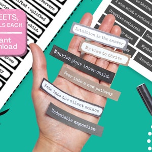 Printable junk journal word stickers, distressed neutral labels, ephemera for papercrafts