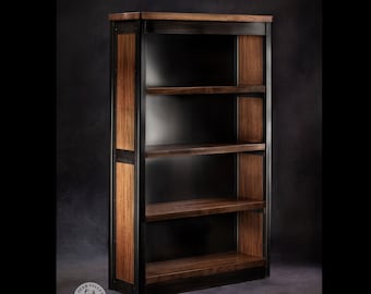 Walnut bookshelf, industrial modern bookshelf, rustic metal & wood bookshelf, freestanding shelving unit, solid wood bookcase with 5 shelves