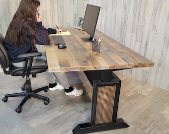Sit stand desk barnwood adjustable height desk electric stand desk reclaimed wood stand desk industrial writing desk office stand desk