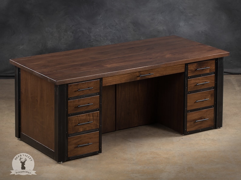 Industrial Walnut Executive Desk | Modern Desk With Display Shelves | Home Office Executive Wood Desk With Drawers