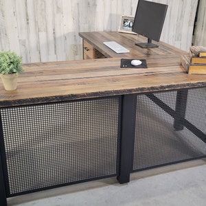 Reclaimed L-Shaped Computer Desk, Rustic And Modern Corner Desk, Barnwood Office Desk, Industrial Corner Desk With Drawers, Large Wood Desk