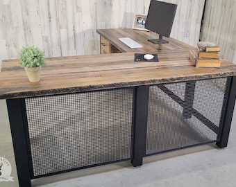 Reclaimed L-Shaped Computer Desk, Rustic And Modern Corner Desk, Barnwood Office Desk, Industrial Corner Desk With Drawers, Large Wood Desk