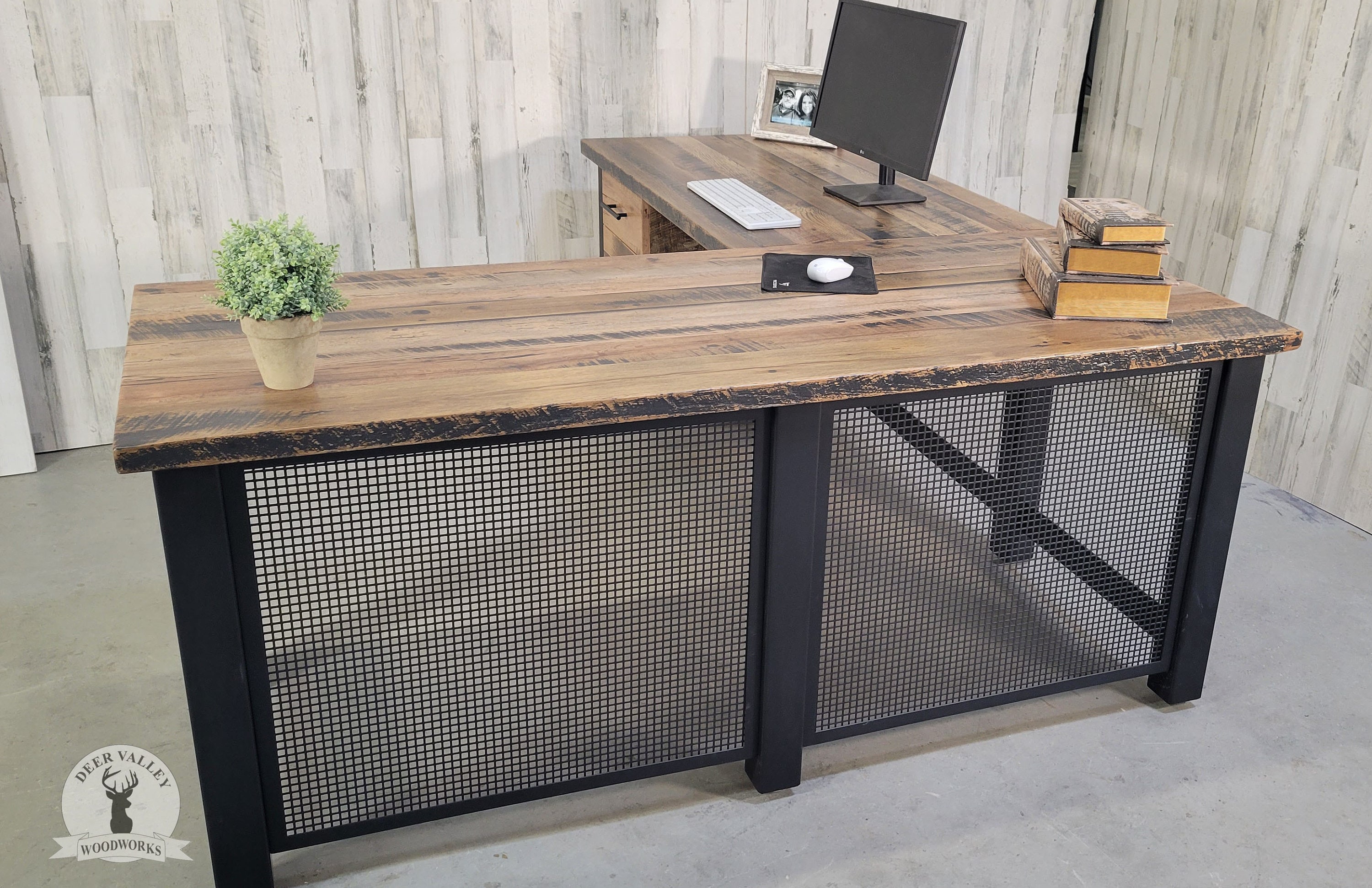 L Shaped Desk. Two Piece Desk. Desk With Privacy Wall. Industrial,  Reclaimed Wood Desk. Office Desk. Corner Desk. Rustic Desk. 