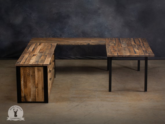 Industrial Reclaimed Wood U shaped Office Desk and Credenza