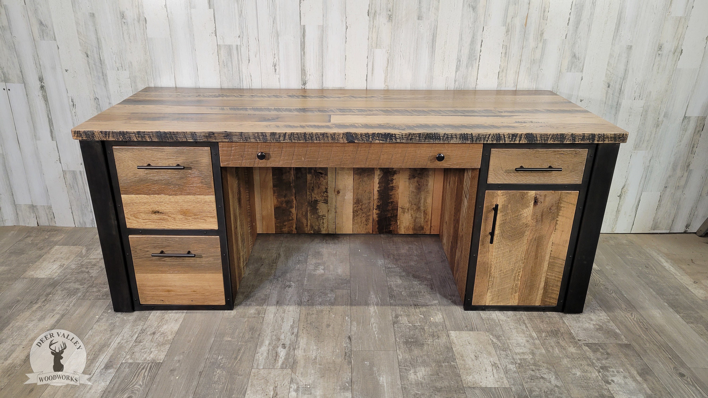 The Nicholson Industrial Executive Desk With Reclaimed Barnwood Top