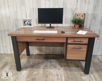 Walnut Executive Desk Industrial Office Desk Urban Desk Modern Wood Computer Desk With Drawers Solid Wood Desk With Storage