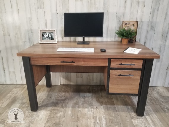 Large 94 Walnut Executive Desk, Office Computer Desk, Industrial Desk,  Solid Walnut Office Desk With Drawers, Home Office Desk 