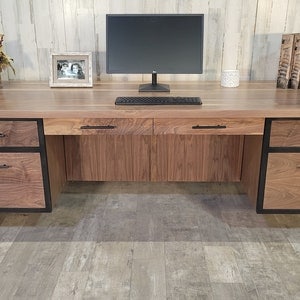 Large 94" walnut executive desk, office computer desk, industrial desk, solid walnut office desk with drawers, home office desk