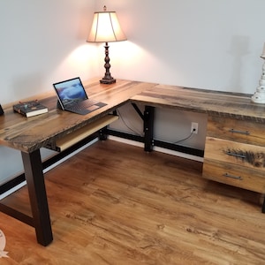 Rustic Barnwood Corner Desk With Drawers Reclaimed Wood L-Shaped Desk Custom Barn Wood Office Desk Industrial Work Station Wood Desk image 1