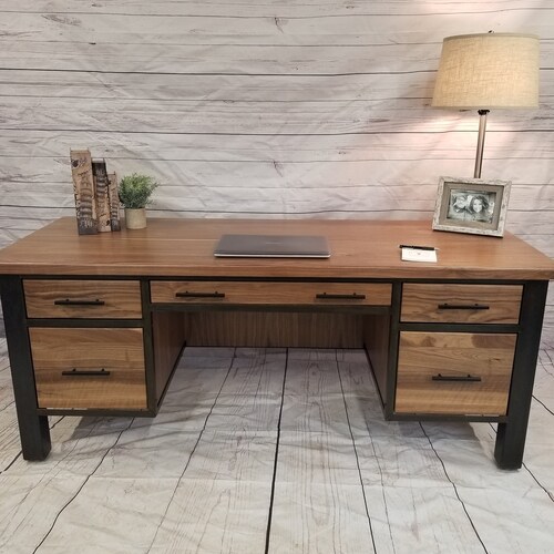 Industrial Office Desk Walnut Metal Modern Executive Industrial Office Desk Walnut Metal, Modern Industrial Desk With Drawers