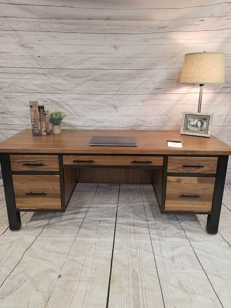 Industrial Office Desk Walnut Metal Desk Modern Executive Desk Work Station Home Office Desk image 1