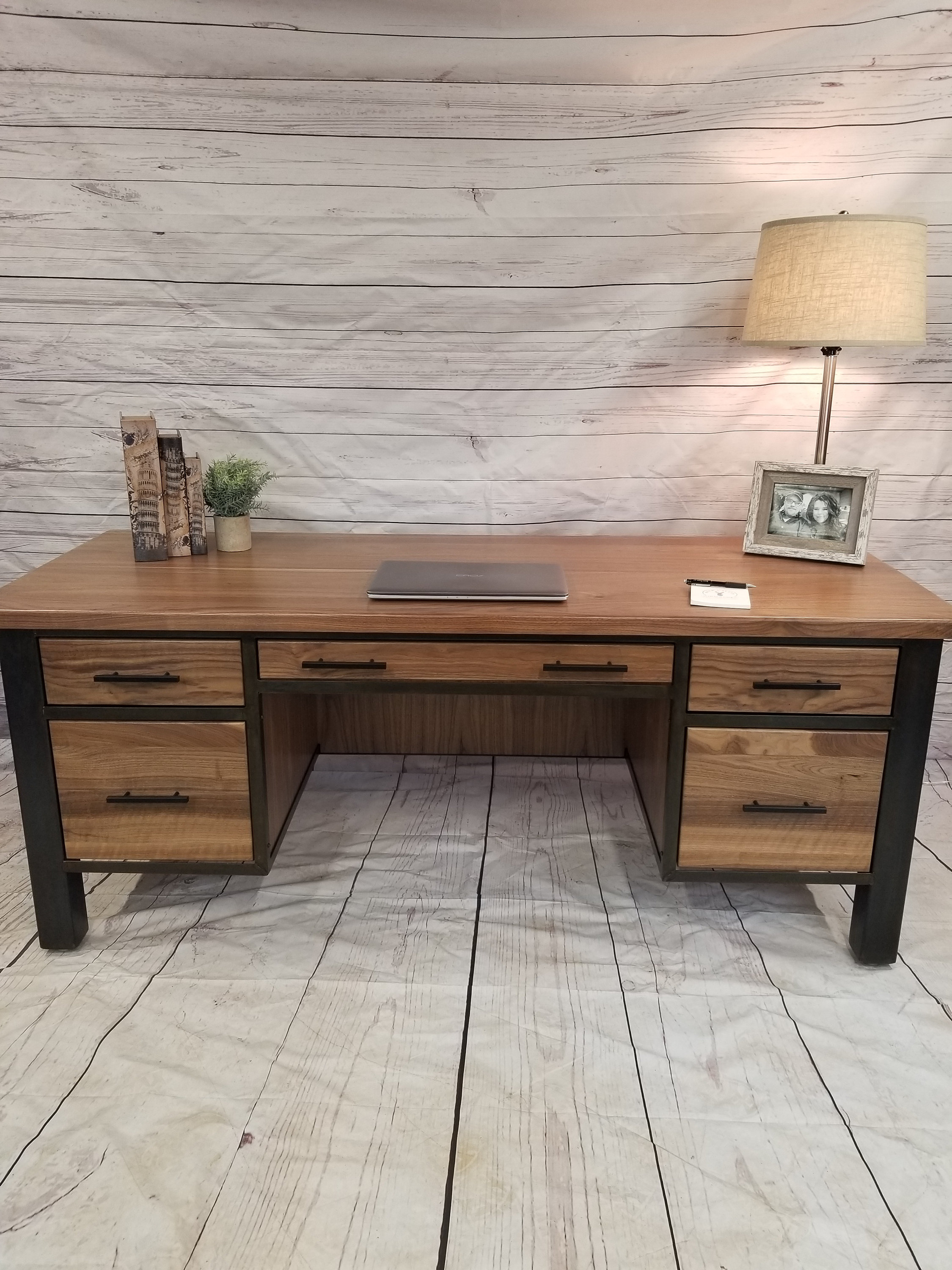 Industrial Office Desk Walnut Metal Desk Modern Executive - Etsy