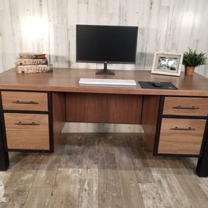 Walnut executive desk, modern office desk, industrial desk with drawers, Black walnut computer desk, Straight desk, Contemporary desk