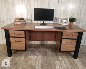 Walnut executive desk, modern office desk, industrial desk with drawers, Black walnut computer desk, Straight desk, Contemporary desk