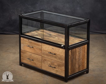 Industrial Barnwood Display Cabinet With Drawers Lighted Retail Show Case Wood And Glass Display Case Framed Lighted Glass Display Case