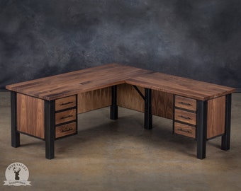 Industrial corner desk, rustic corner desk, walnut office desk, steel and wood work station, Solid wood L-shaped desk, urban computer desk