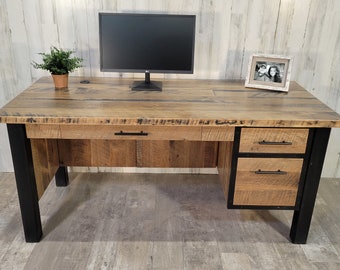 Barnwood Executive Desk Industrial Office Desk Urban Desk Reclaimed Wood Desk With Drawers Farmhouse Desk With Power Hub Home Office
