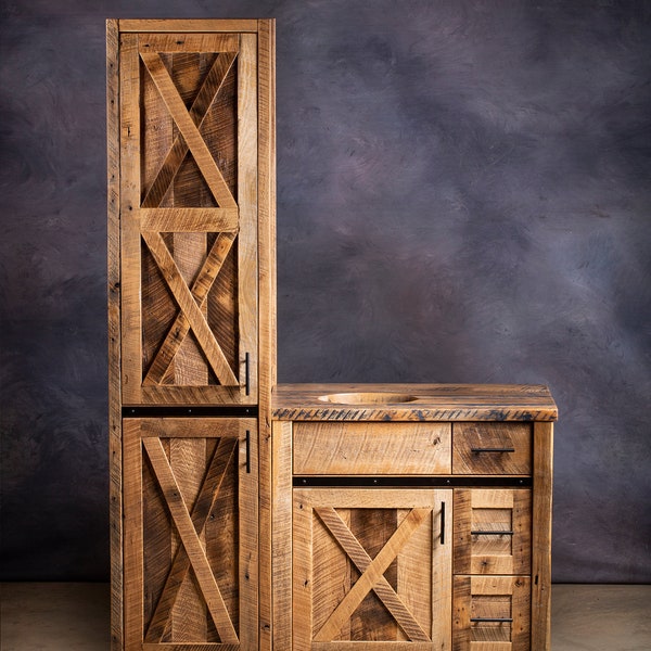 Barnwood linen cabinet, reclaimed barnwood cabinet, rustic linen cabinet, tall farmhouse linen cabinet, bathroom storage with drawers