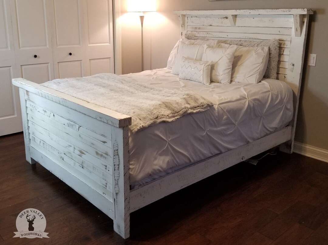 Rustic White Headboard & Footboard, Distressed White Ship Lap Bed Set