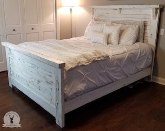 Rustic white headboard & footboard, distressed white ship lap bed set, farmhouse reclaimed wood bedroom set, custom queen  barnwood bed set