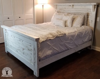 Rustic white headboard & footboard, distressed white ship lap bed set, farmhouse reclaimed wood bedroom set, custom queen  barnwood bed set