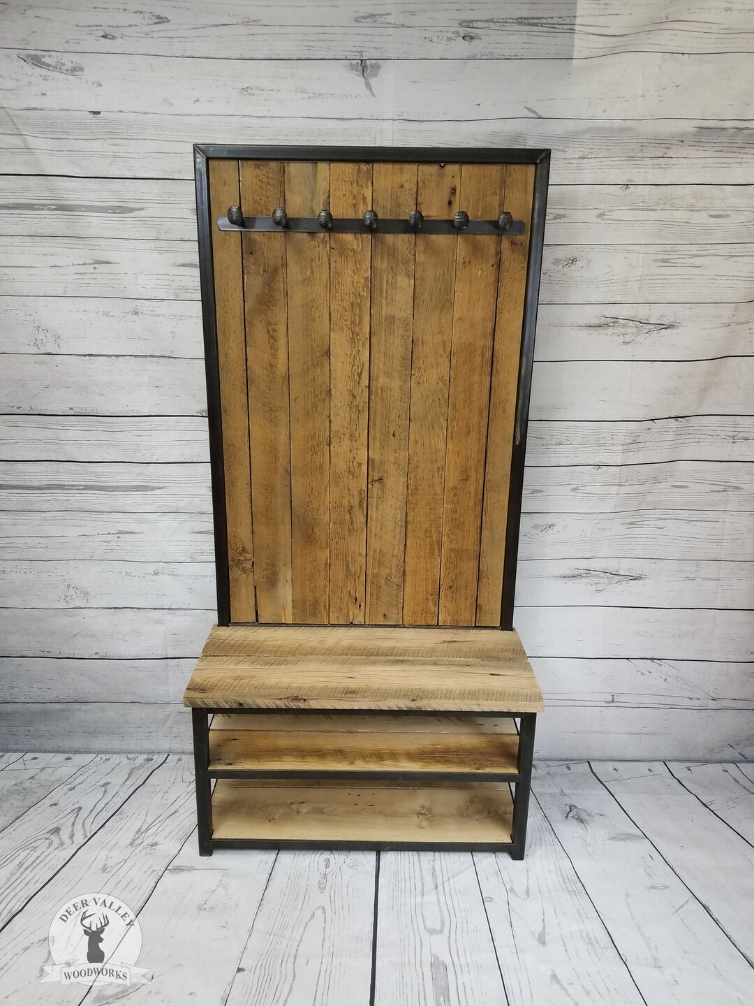Customizable Modern Barnwood Hall Tree With Shoe Bench, Entryway