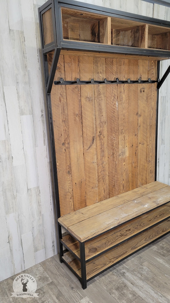 Entryway Coat Rack Shoe Bench Set, Industrial Hall Tree Coat Shoe Rack - Vintage Oak