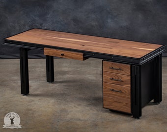 Industrial executive walnut desk, solid wood desk, executive desk, wood and metal desk, walnut desk with drawers, desk with metal legs