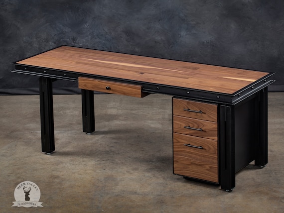 Industrial Executive Walnut Desk Solid Wood Desk Executive Desk