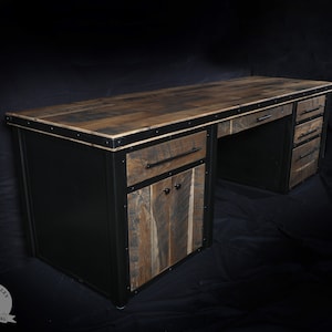 Reclaimed barnwood executive desk, Industrial modern desk, large executive desk, steel and wood computer desk with drawers and cabinet