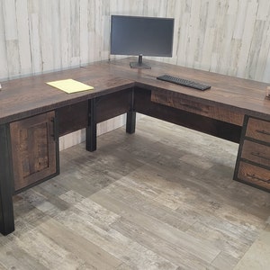 Reclaimed L-shaped computer desk, rustic corner desk, barnwood office desk