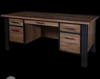 Executive Desk, Walnut Desk With Drawers, Industrial Office Desk, Black Walnut Computer Desk, 5 Drawer Desk