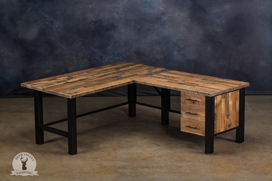 Reclaimed Wood Corner Office Desk With Drawers, Modern Lshaped Desk