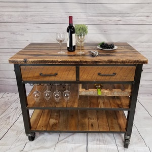 Rustic beverage cart, reclaimed wood bar cart, farmhouse kitchen island, custom tasting cart, barnwood service cart, solid wood rolling cart