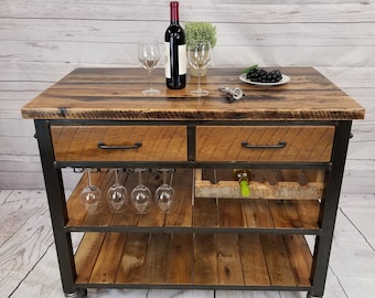 Rustic beverage cart, reclaimed wood bar cart, farmhouse kitchen island, custom tasting cart, barnwood service cart, solid wood rolling cart