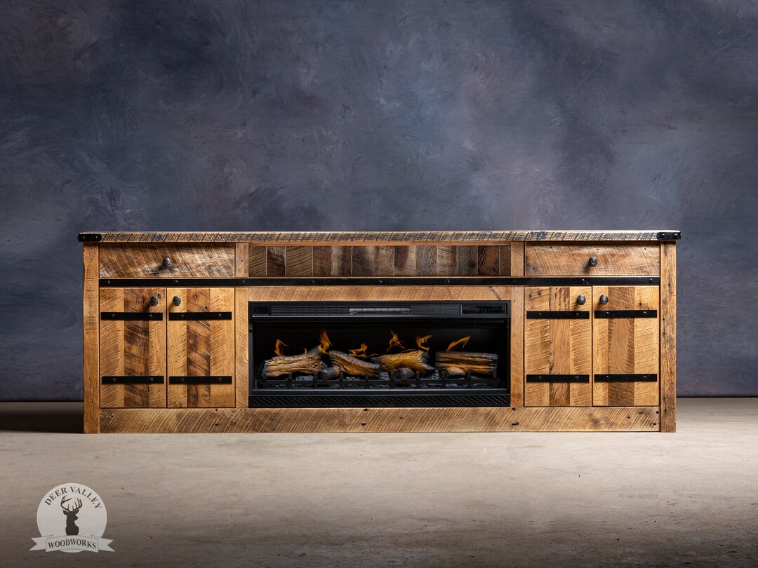 Rustic Handmade Barnwood Media Console With Fireplace, Fireplace