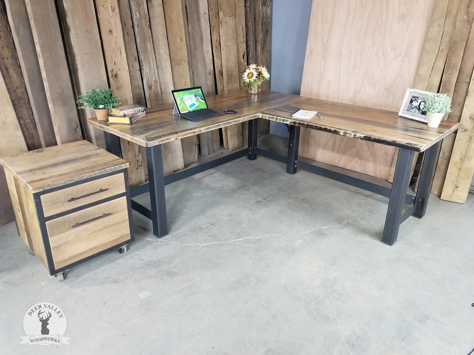 Reclaimed Wood Computer Desk and Rolling Cart Rustic Corner Etsy
