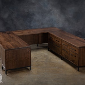 Walnut U-shaped computer desk and credenza, modern corner desk, wood office work station, office furniture, desk and credenza with drawers