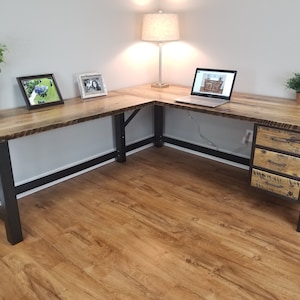 Reclaimed barnwood l-shaped desk, barnwood office desk, corner desk, solid wood corner desk with drawers, barnwood work station with drawers